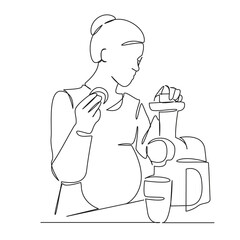 One continuous single drawing line art flat doodle mother, pregnant, juicer, fruit, kitchen, woman, drink. Isolated image hand draw contour on a white background, hand drawn, not AI