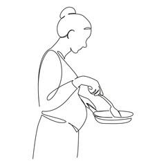 One continuous single drawing line art flat doodle pregnant, lifestyle, indoor, kitchen, food, female, meal. Isolated image hand draw contour on a white background, hand drawn, not AI