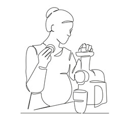 One continuous single drawing line art flat doodle mother, pregnant, juicer, fruit, kitchen, woman, drink. Isolated image hand draw contour on a white background, hand drawn, not AI