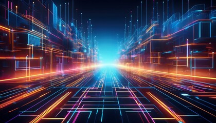 Obraz premium Abstract representation of a sci-fi city grid, featuring vibrant neon pathways and geometric shapes that evoke a futuristic, high-tech urban landscape. 