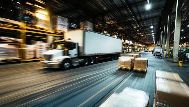 Fast Truck Delivers Cargo Efficiently in Warehouse Distribution Center