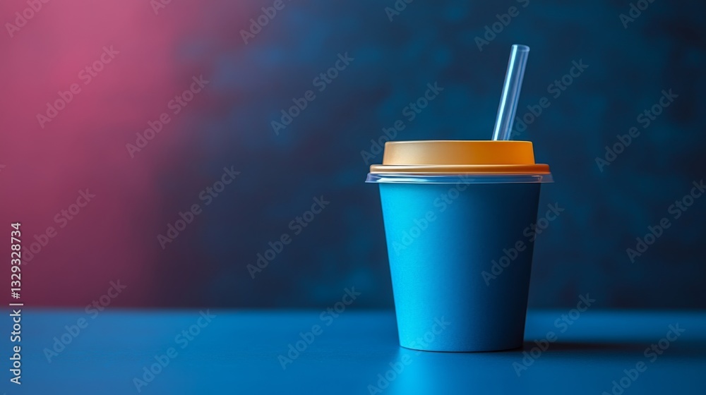 Aufkleber a blue cup with a yellow lid and straw sits on a blue surface, creating a striking visual with a blu