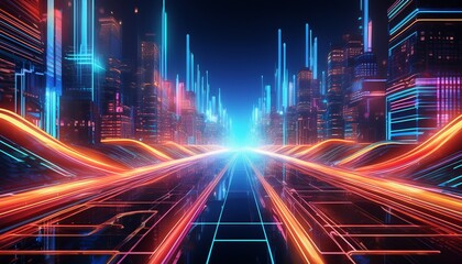 Fototapeta premium Abstract representation of a sci-fi city grid, featuring vibrant neon pathways and geometric shapes that evoke a futuristic, high-tech urban landscape. 