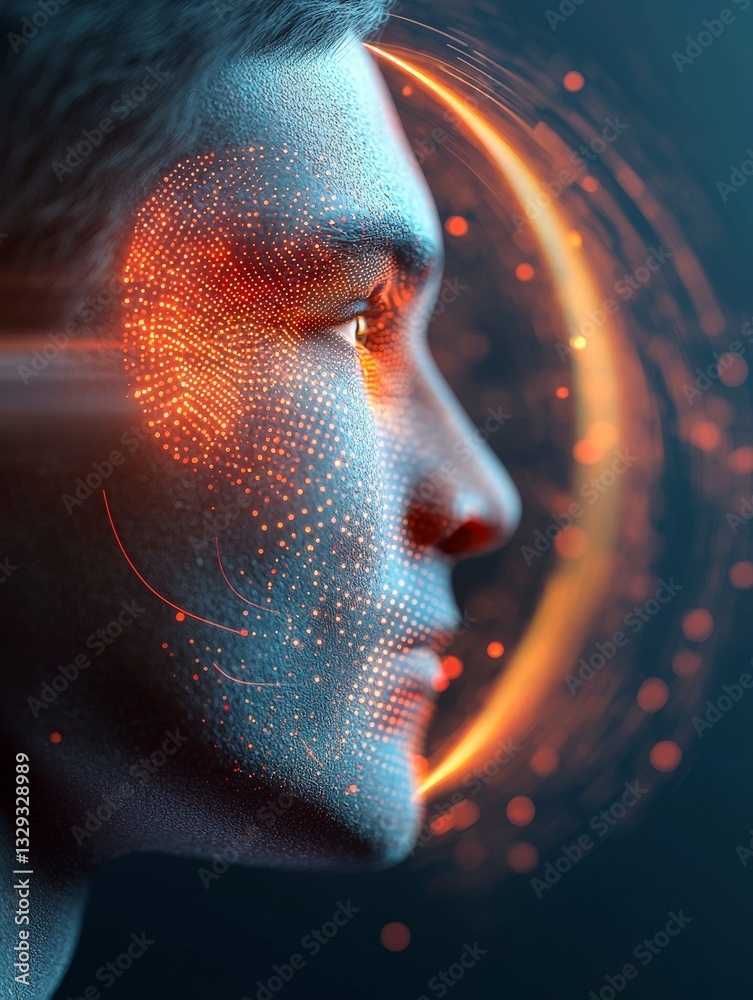 Poster futuristic portrait with digital code and glowing elements in a profile view against a dark backgrou
