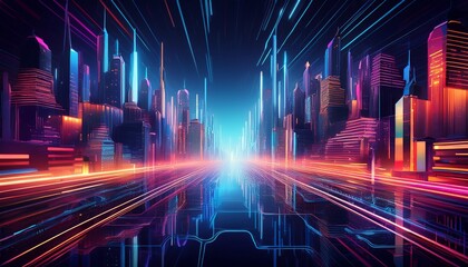 Abstract representation of a sci-fi city grid, featuring vibrant neon pathways and geometric shapes that evoke a futuristic, high-tech urban landscape.

