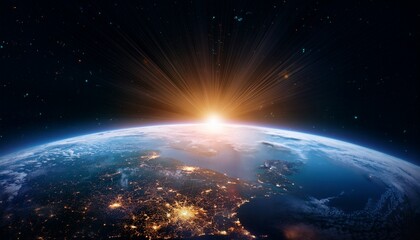 Fototapeta premium Panoramic view on planet Earth globe from space. Glowing city lights, light clouds
