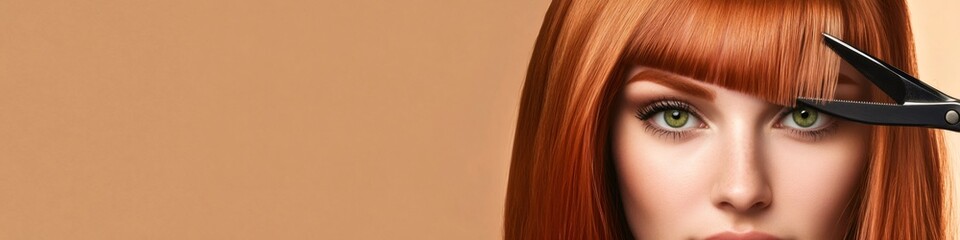 Professional scissors cutting the bangs of a model with long, straight, red hair, in a beauty salon