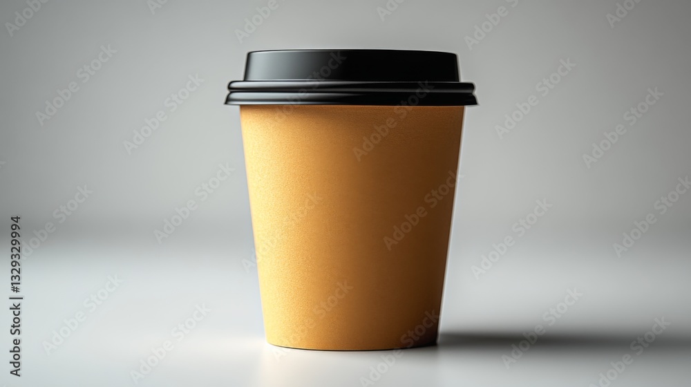 Poster a simple brown paper cup with a black lid is displayed on a bright surface. the clean background hig