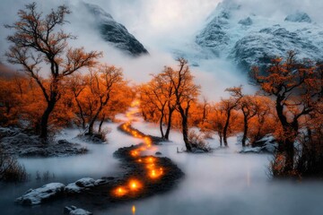 A magical nature reserve with glowing trees and luminescent creatures, surrounded by misty waterfalls and vibrant, otherworldly flora