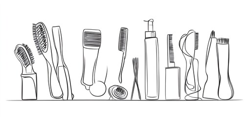 Minimalist line artwork depicting hairdressing scissors, combs, and hair products arranged linearly, representing professional salon essentials