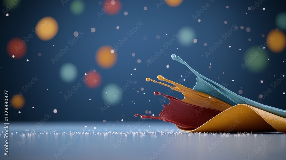 Poster vibrant paint splashes on colorful background with soft bokeh and dynamic motion effect