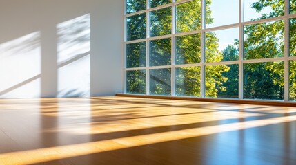 Fototapeta premium Interior room with large window overlooking trees and sunlight