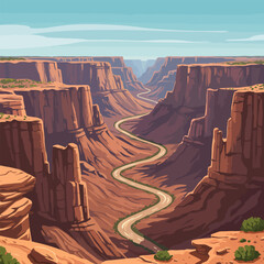Scenic Canyon Road Winding Through a Dramatic Landscape Illustration