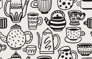 Seamless pattern with cute doodle kettles, cups, and teapots. Hand-drawn vector set. Teapot and cups collection for English afternoon tea ceremony