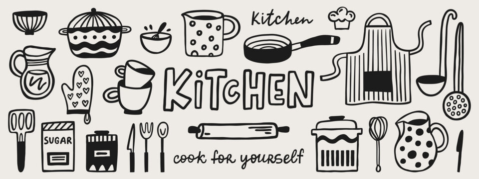 Kitchen doodle hand-drawn set. Design concept for cooking classes, courses, food studio, cafe, restaurant. Cookery vector elements.