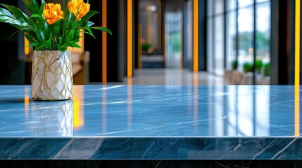 Yellow flower arrangement in a modern vase on marble surface