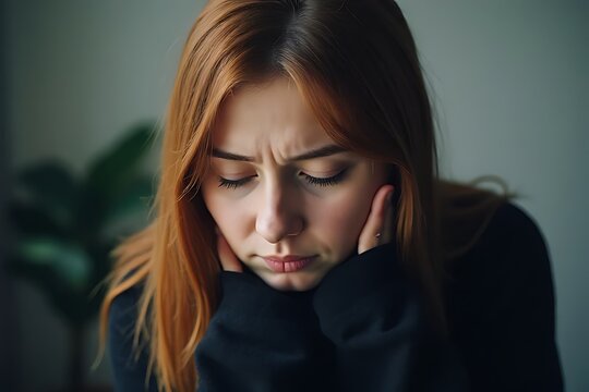Contemplative young woman indoor setting emotional portrait soft lighting introspective mood