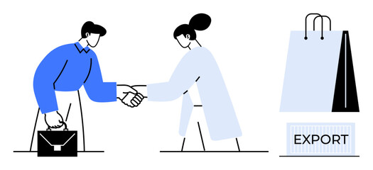 Businesspeople shaking hands in partnership, export label, and a shopping bag represent trade deals, commerce, networking, collaboration, globalization, retail and agreements. Flat simple metaphor