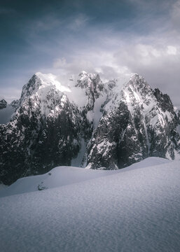 View of snowy Vajusha peak in the majestic Albanian Alps, Malesi e Madhe, Shkoder, Albania.