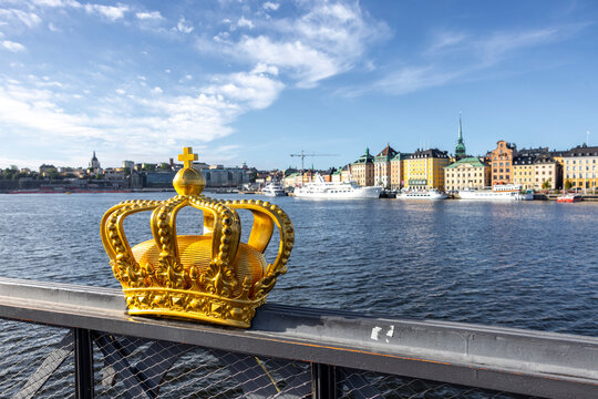 View of Stockholm Old Town from the water with crown, Scandinavia, Sweden