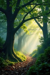 Misty morning, ancient trees, glowing foliage, scenic, light, atmosphere