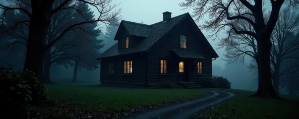Mysterious black door, shadowy house, surrounding trees , dark, facade