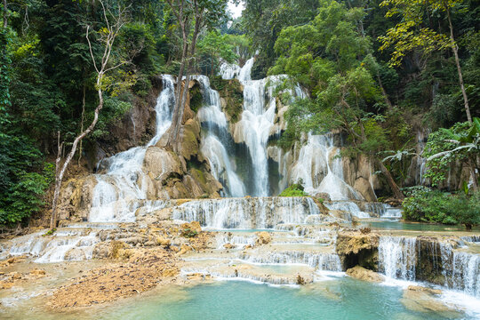 View of Kuang Si Waterfall near UNESCO site Luang Prabang, Laos, Southeast Asia