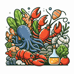 seafood, fish, food, restaurant, dinner, illustration, menu, vector, vintage, ocean, sea, fresh, sketch, shrimp, design, drawing, meal, gourmet, ink, retro, market, marine, delicacy, octopus, crab, lo