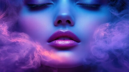 Fototapeta premium Close-up woman face, vibrant colors, smoke