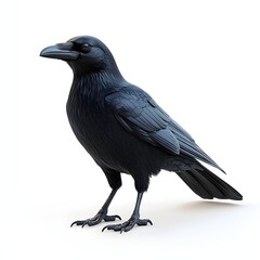 Fototapeta premium A stunning 3D render of a black raven against a clean white background. The bird's detail is exquisite. Detailed Animal isolated on white background. Majestic Raven