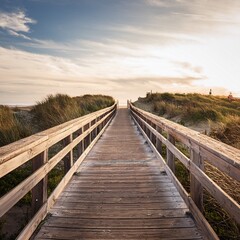 Fototapeta premium Generated image This piece highlights allure of a wooden footbridge that guides individuals to beach