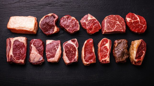 A high contrast diagram showcasing various beef cuts and sections  long title A meticulously arranged display of different raw beef cuts including
