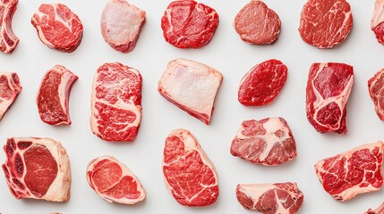 A variety of different beef cuts arranged for display  long title A diverse assortment of raw uncooked beef cuts including various roasting