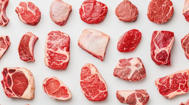 A variety of different beef cuts arranged for display long title A diverse assortment of raw uncooked beef cuts including various roasting