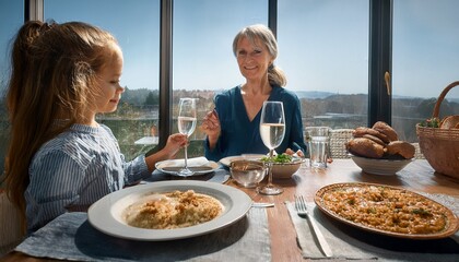 A wealthy person enjoys a lavish feast, unaware of a starving child peering through a window, eyes filled with hunger and longing, capturing the stark contrast of wealth and poverty.