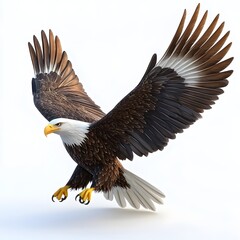 Obraz premium A breathtaking 3D render of a bald eagle in mid-flight, showcasing its powerful wings and majestic presence. Detailed Animal isolated on white background. Majestic Bald Eagle in Flight
