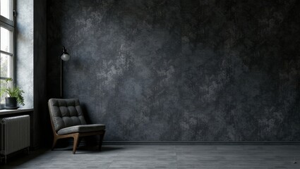 Dark Room Interior Design Featuring a Comfortable Chair and Floor Lamp Against a Textured Wall