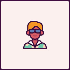 A vibrant illustration featuring a person with sunglasses and shirt icon