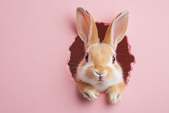 Conejito saliendo dde un agujero de una pared rosa pastel, con espacio vacio. Concepto pascua, Semana Santa, cumplea&ntilde;os