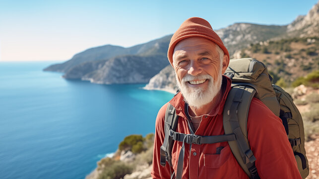 Senior people and active life. Caucasian mature man in hiking clothes enjoys a scenic stroll along a coastal trail on a sunny day with stunning views of the ocean and mountains