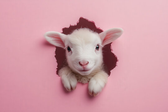 adorable corderito saliendo de un agujero de una pared rosa mirando a c&aacute;mara. Concepto Semana Santa, pascua, celebraciones