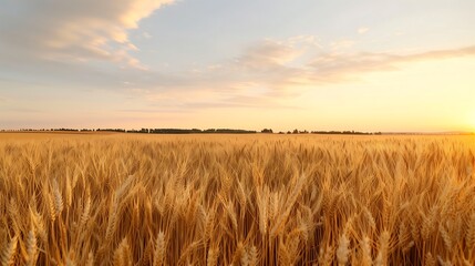Obraz premium Endless golden wheat fields ripple in the warm summer wind, stretching toward the horizon under a sky painted with soft pastel hues of dusk.