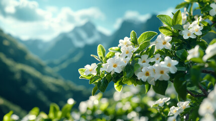 Obraz premium Beautiful white flowers blooming in a serene mountain landscape