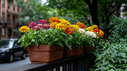 Naklejka premium Colorful flower pots brighten a city street during a sunny day in summer