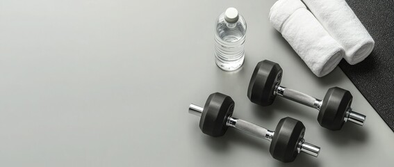 Obraz premium Fitness and healthy lifestyle concept. Dumbbells, bottle of water and towel on grey background