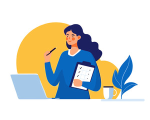 Fototapeta premium Woman creating to-do list in planner checking off tasks with pen beside laptop and coffee cup for productivity