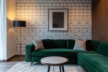 Cozy modern living room with stylish green sofa and artistic wallpaper panels