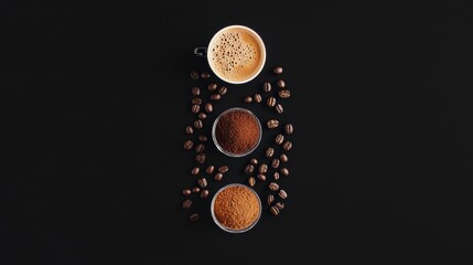 presents a visually appealing arrangement of coffee elements, artistically displayed against a black background.