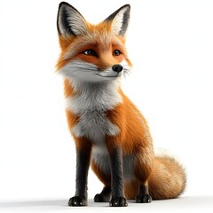 Fototapeta premium A captivating 3D rendered image of a red fox, sitting against a white background. The fox is depicted with exceptional detail. Detailed Animal isolated on white background. Stunning Red Fox