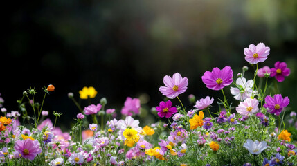Fototapeta premium Vibrant garden filled with colorful flowers blooming in spring sunlight
